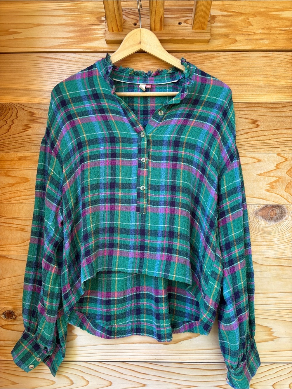 Pilcro Plaid Textured Button Down Blouse XS Green Oversized Hi-Low Top
